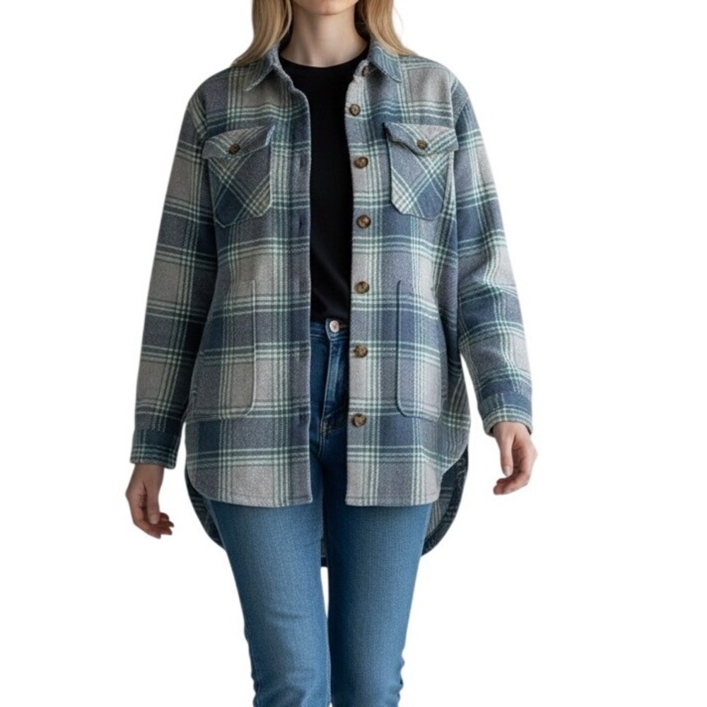 Women's Plaid Shacket Size L‎ Green Blue Button Front Shirt Jacket